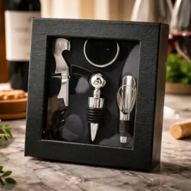 Set de vino cuadrado 4 accesorios con caja