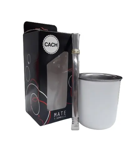 Pack “CACH” mate vaso blanco con bombilla acero