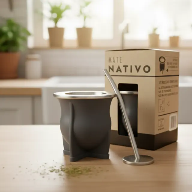 Mate camionero negro pvc con virola de acero con bombilla saca yerba y caja