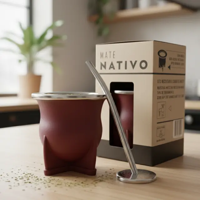 Mate camionero negro pvc con virola de acero con bombilla saca yerba y caja