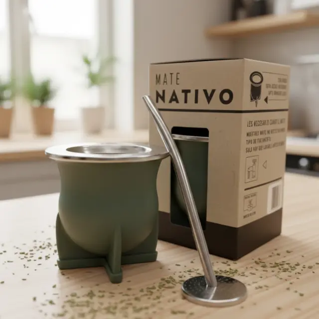 Mate camionero negro pvc con virola de acero con bombilla saca yerba y caja