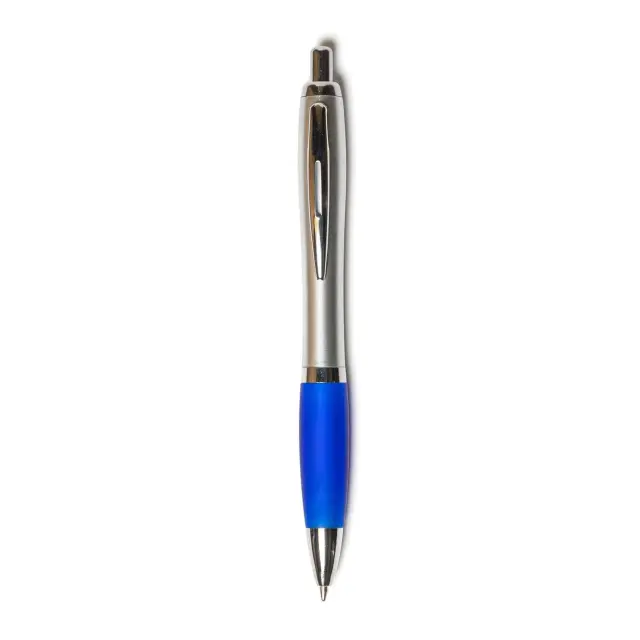 Bolígrafo retráctil, cuerpo plateado con grip de color.