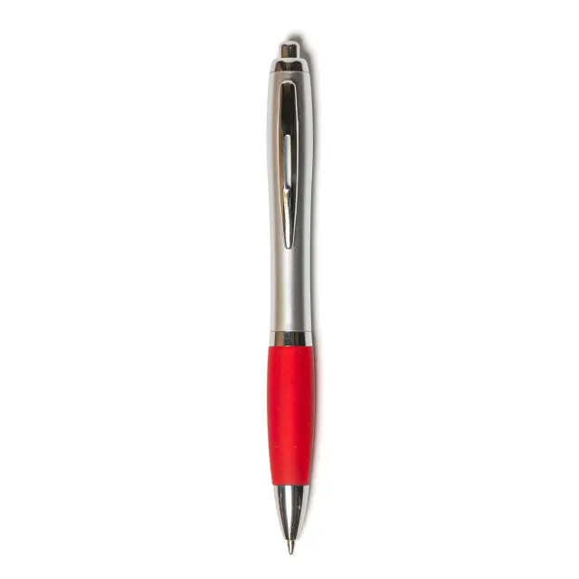 Bolígrafo retráctil, cuerpo plateado con grip de color.